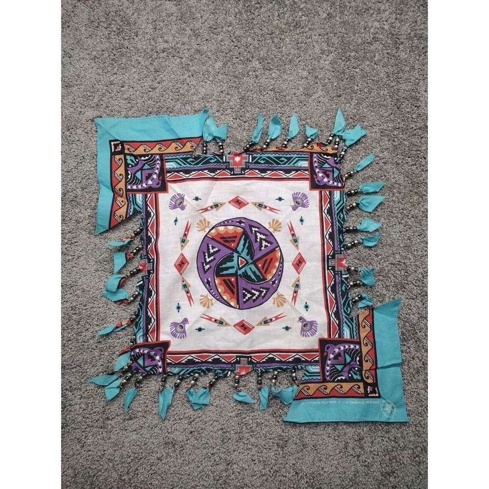 Y2K Wamcraft Beaded Bandana  Southwestern Aztec Western Vintage 80s Made In USA